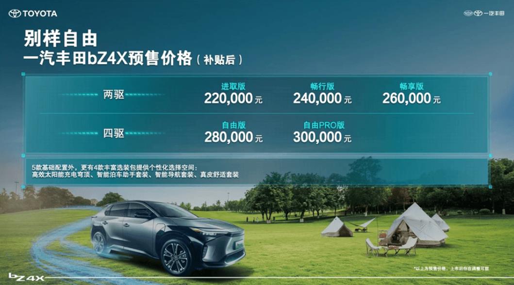 一汽丰田bZ4X预售开启：5款车型，补贴后预售价22万元至30万元
