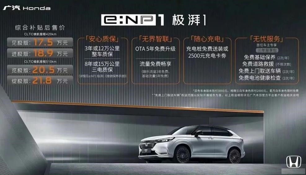 广本e:NP1极湃1正式上市：4款车型，补贴后售价17.5至21.8万元